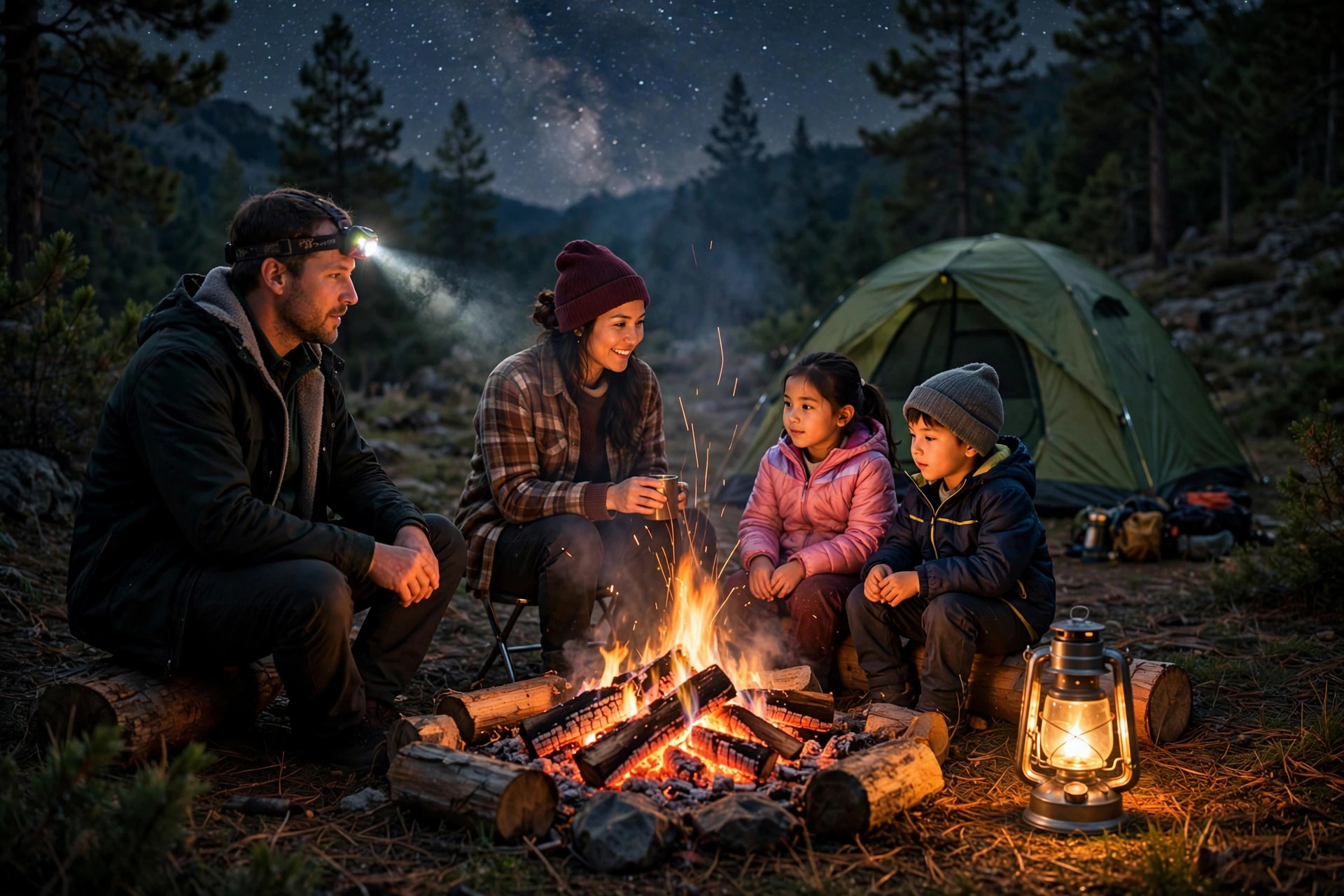 Headlamps vs Lanterns: Family Campsite Lighting Guide 12 Family around a campfire at night with a headlamp beam and a warm lantern glowing nearby
