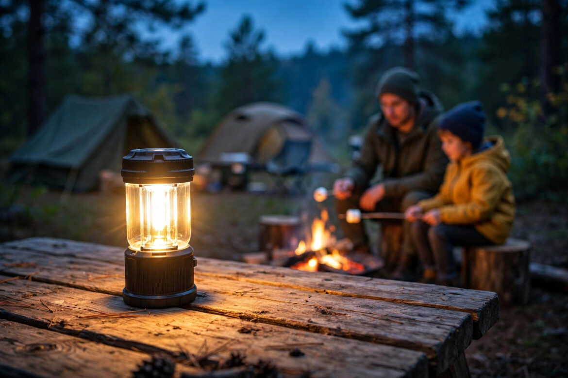 Warm LED lantern glowing on a picnic table at a family campsite at dusk with tents and a campfire in the background