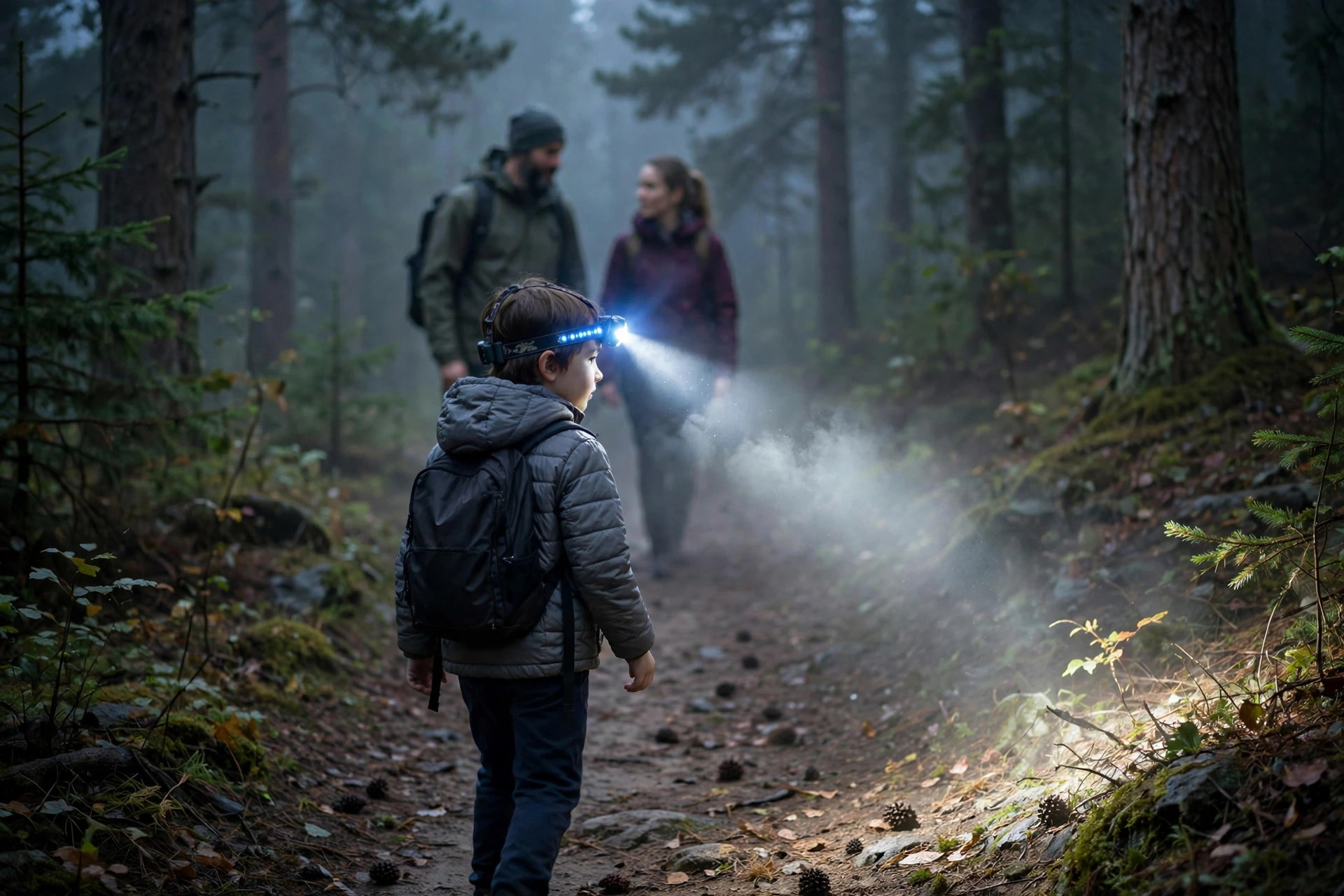 Headlamps vs Lanterns: Family Campsite Lighting Guide 10 Young child wearing a glowing LED headlamp hiking a forest trail at dusk with parents following behind