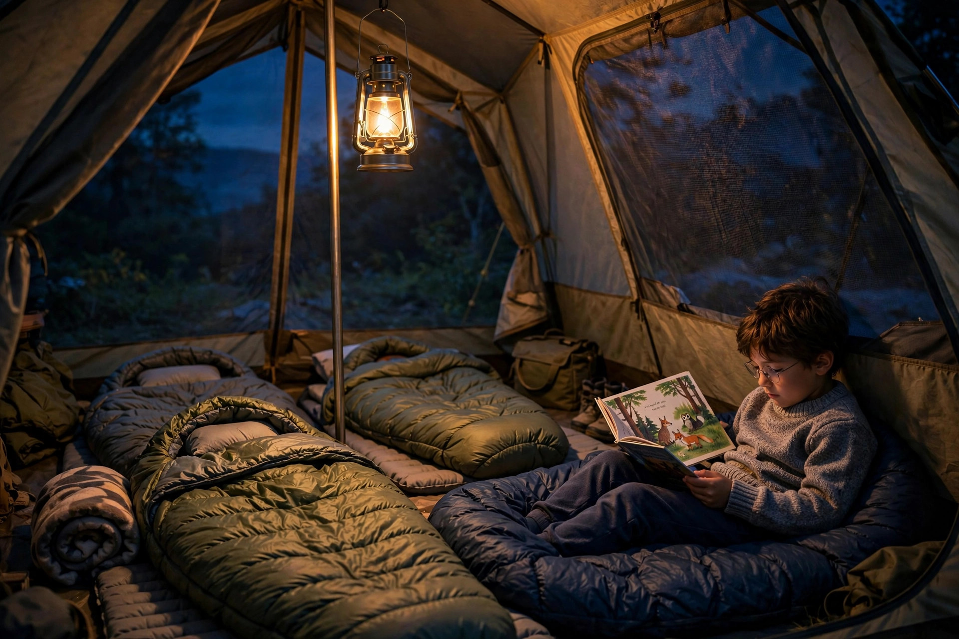 Headlamps vs Lanterns: Family Campsite Lighting Guide 11 Inside of a family tent at night lit by a hanging LED lantern with sleeping bags and a child reading