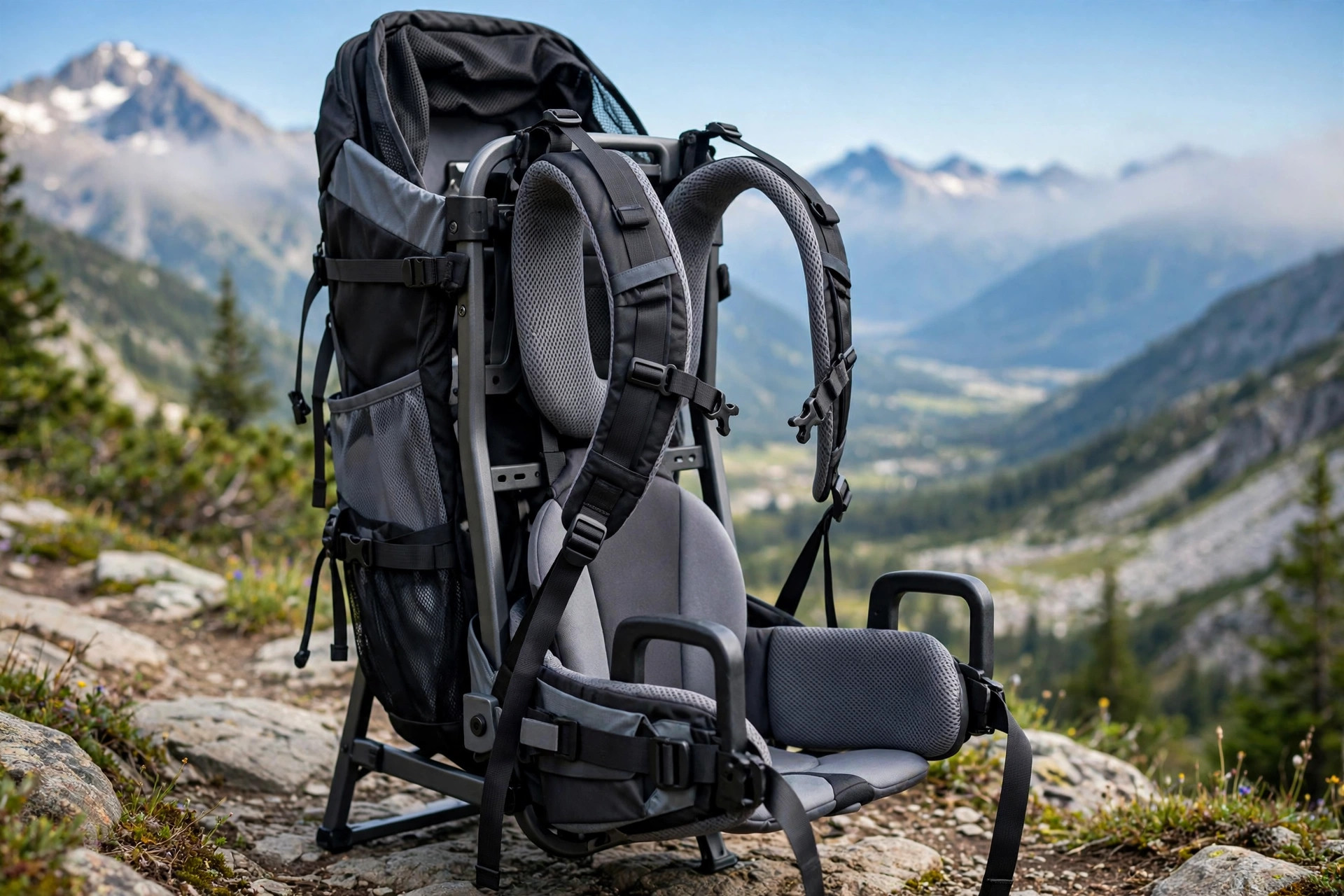 Hiking with Toddlers: Realistic Trail Distances by Age 12 Child carrier hiking backpack standing on a scenic trail viewpoint with mountains below