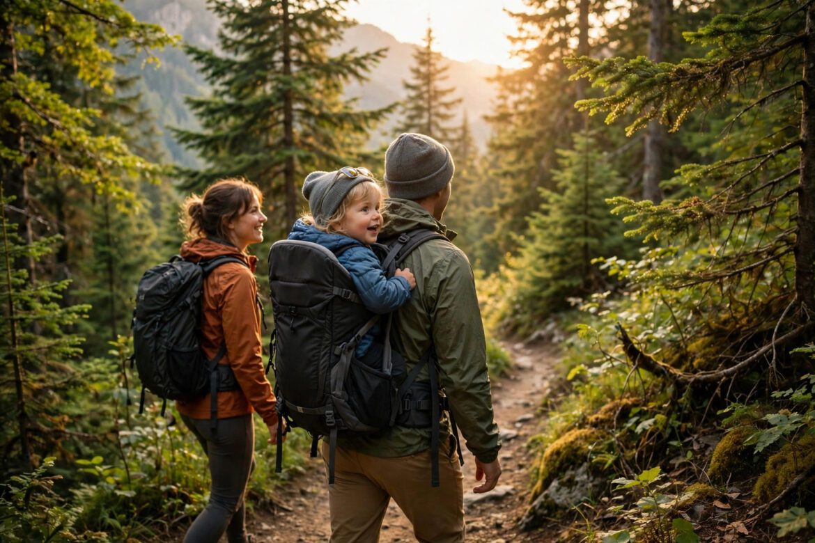 Family hiking a forest trail with a toddler in a carrier backpack at golden hour