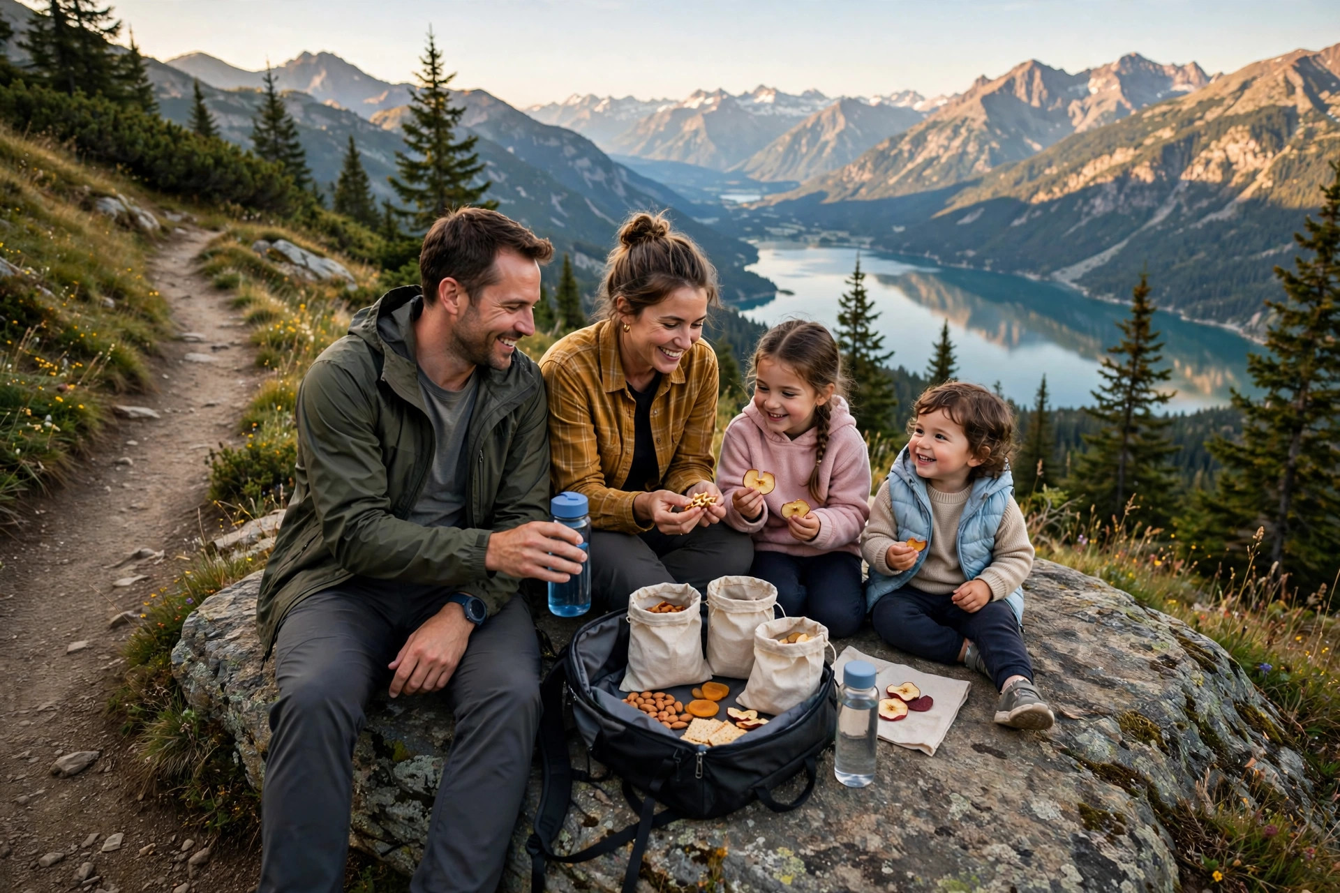 Hiking with Toddlers: Realistic Trail Distances by Age 11 Family resting on a rock beside a hiking trail, sharing snacks from a backpack with a mountain lake view