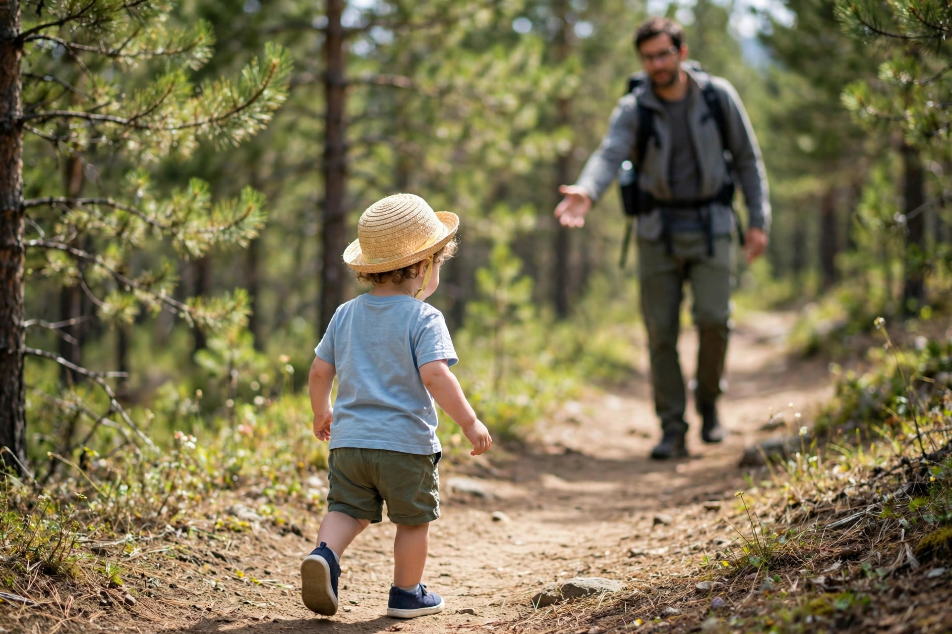 Hiking with Toddlers: Realistic Trail Distances by Age 10 Toddler in a sun hat walking on an easy dirt hiking trail with a parent close behind