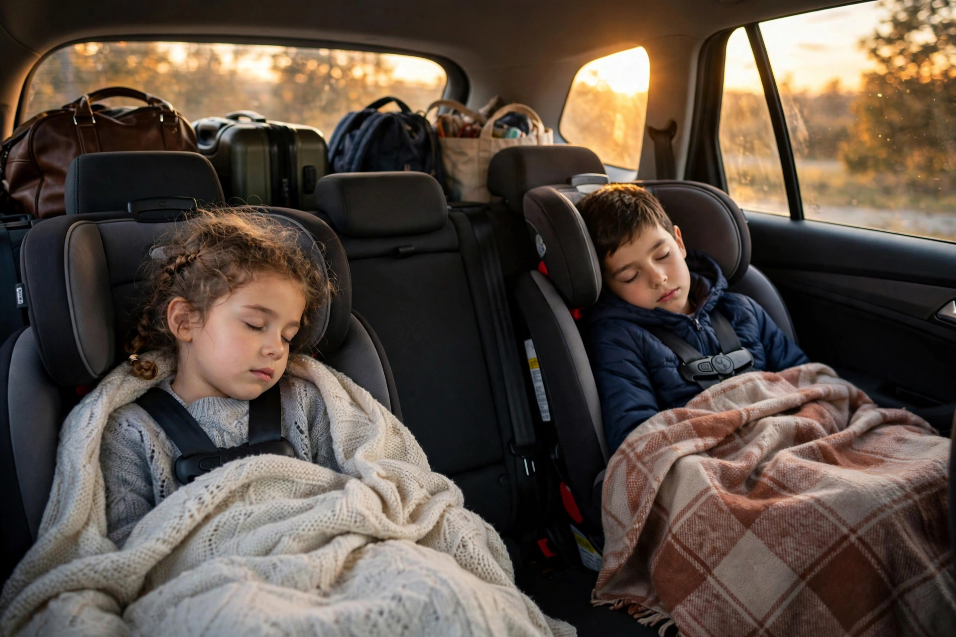 Two children asleep in car seats in the back seat of a car on a holiday road trip at sunset