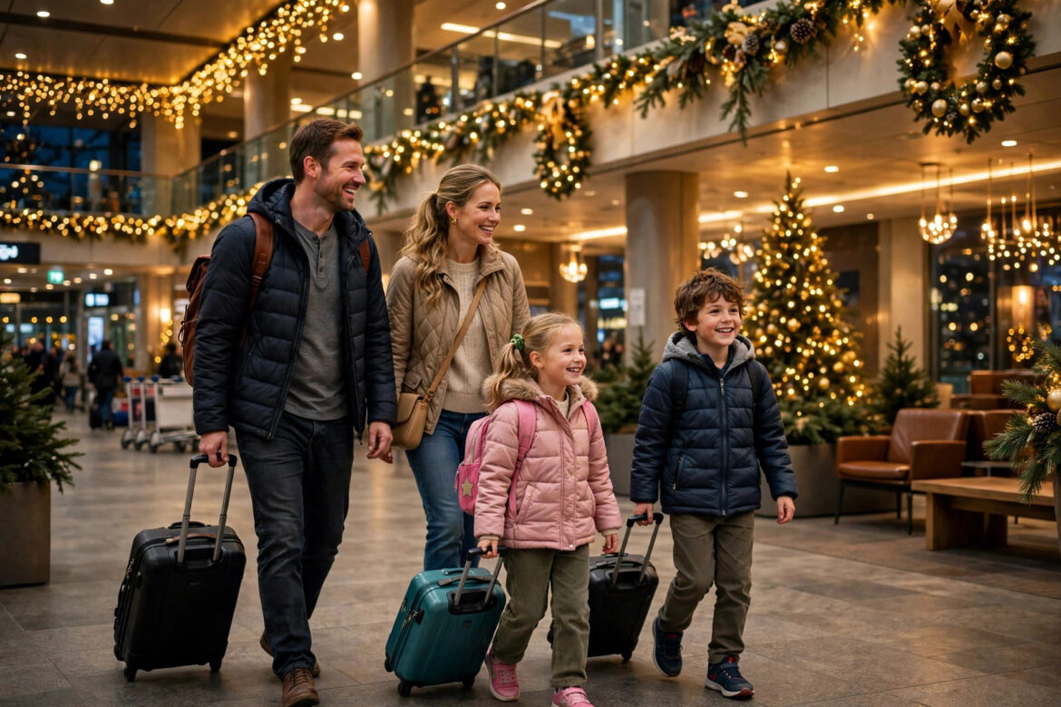 Family with young kids and suitcases walking through a warmly lit airport terminal decorated for the holidays