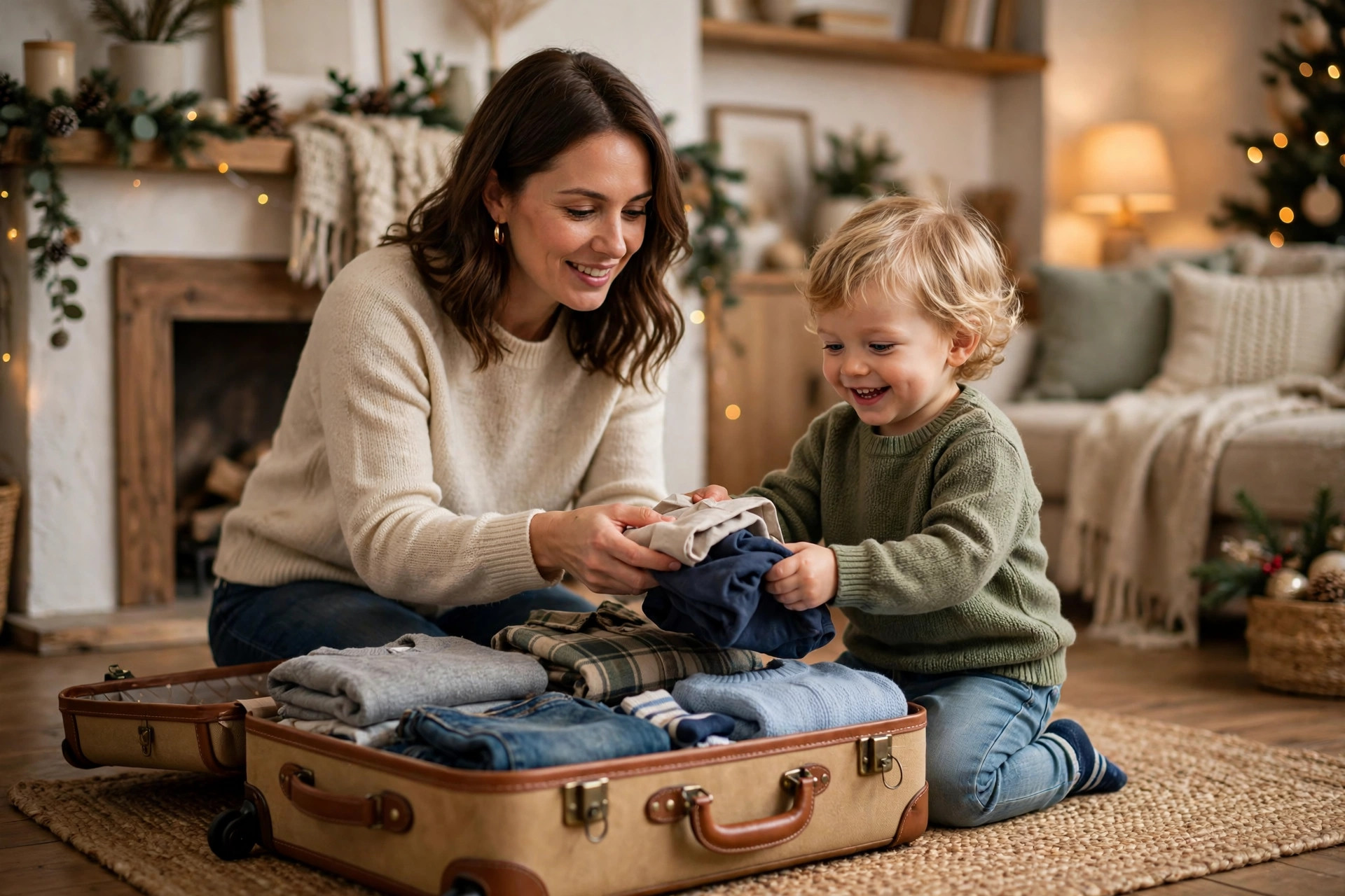 Mother helping a toddler pack clothes into an open suitcase in a cozy living room with holiday decorations