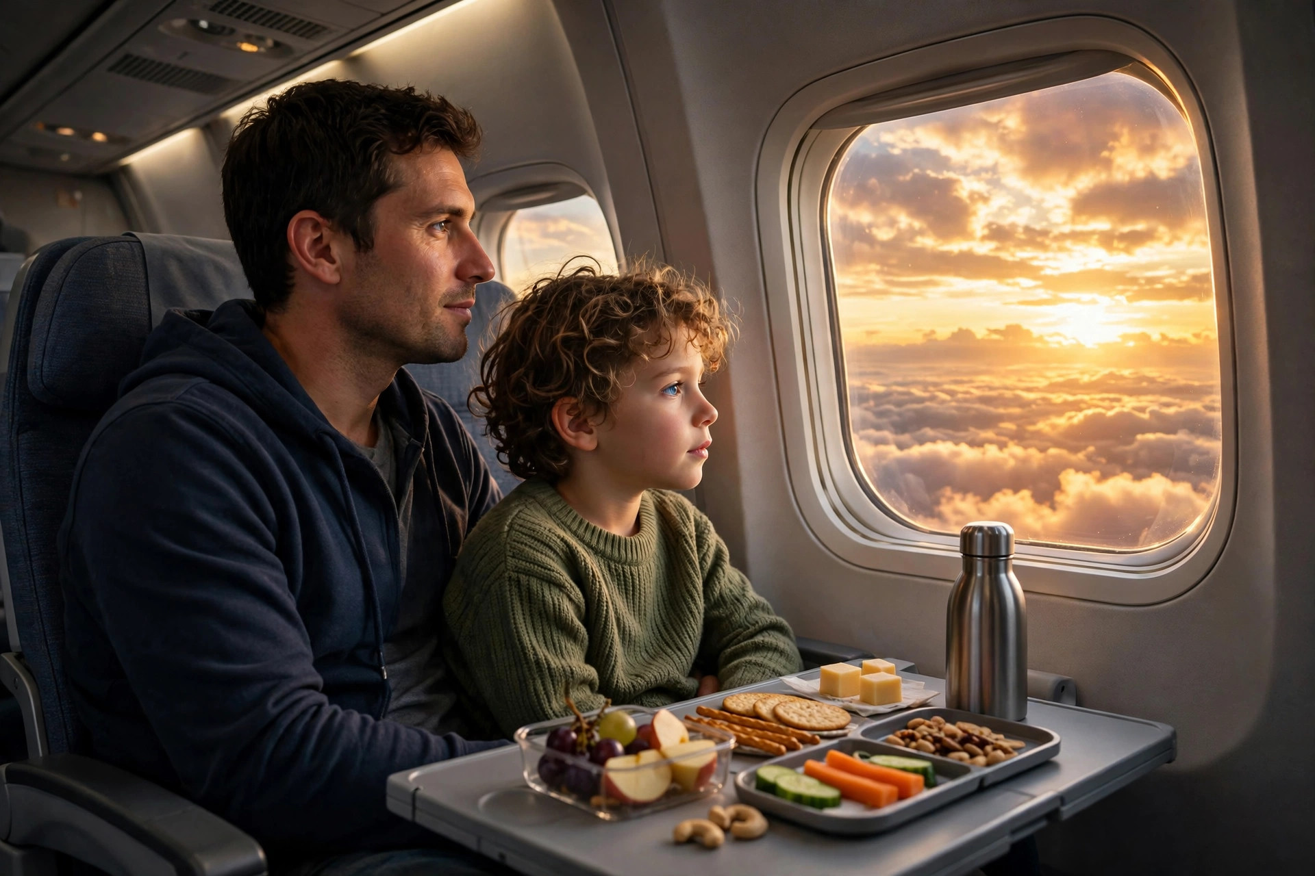 Young child looking out an airplane window at golden sunset clouds during a family holiday flight