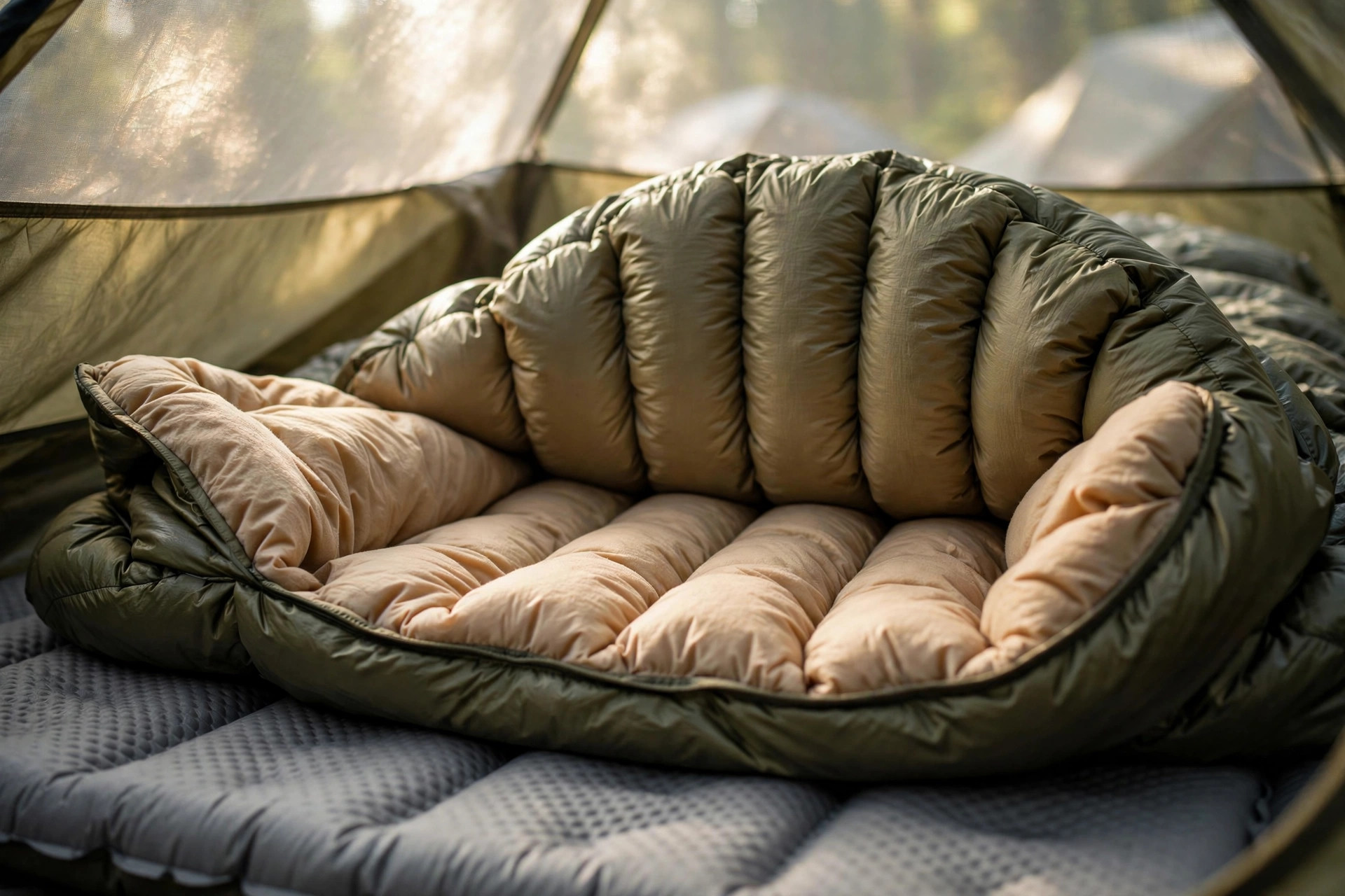 Lofted down sleeping bag opened on a sleeping pad inside a tent in morning light