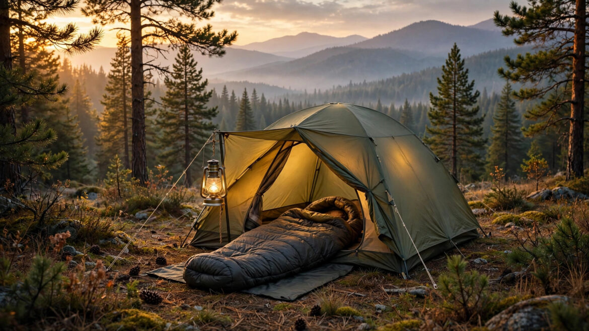 Cozy tent glowing at dusk with an open sleeping bag at the entrance, pine forest and mountains behind