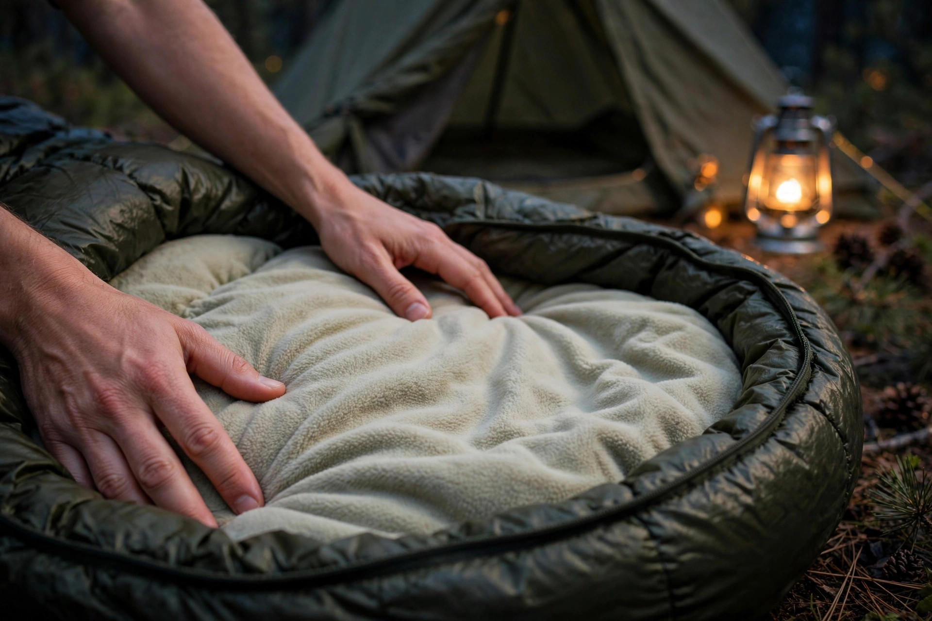 Hands smoothing a fleece sleeping bag liner inside a sleeping bag at a lantern-lit campsite