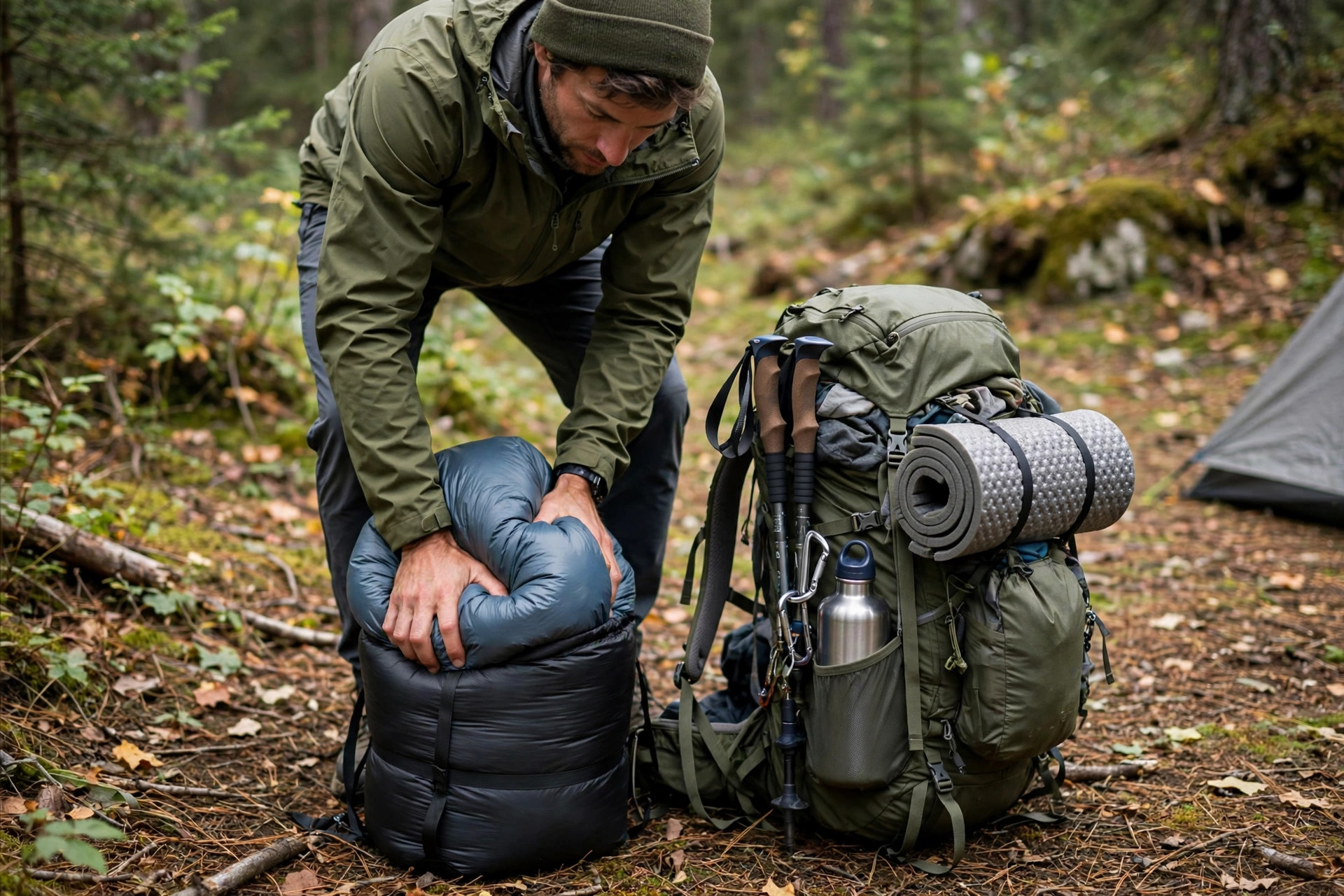 Hiker compressing a sleeping bag into a stuff sack next to a loaded backpack at a forest campsite