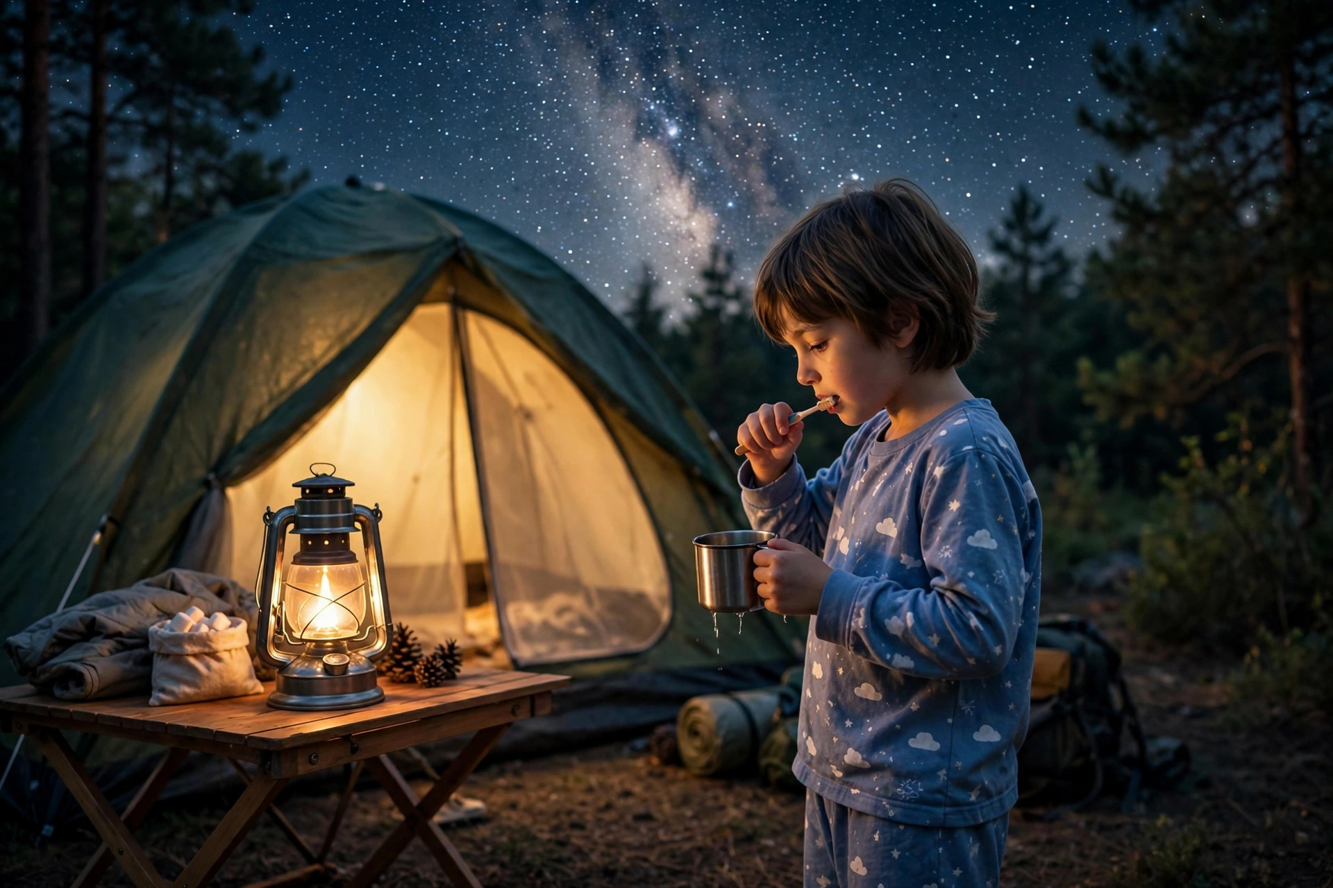 How to Get Kids to Sleep While Camping: 15 Parent-Tested Tips 12 Child in pajamas brushing teeth outside a glowing tent under a starry night sky