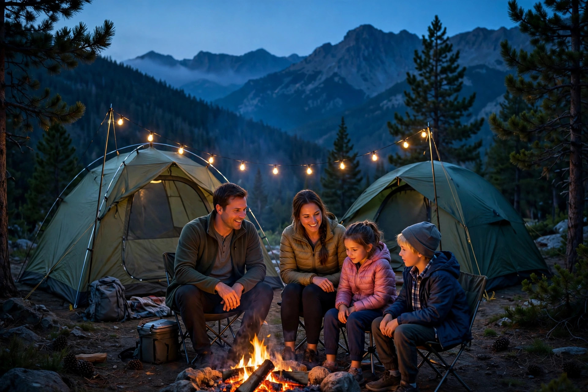 How to Get Kids to Sleep While Camping: 15 Parent-Tested Tips 11 Family campsite at dusk with tents, campfire and string lights in the mountains