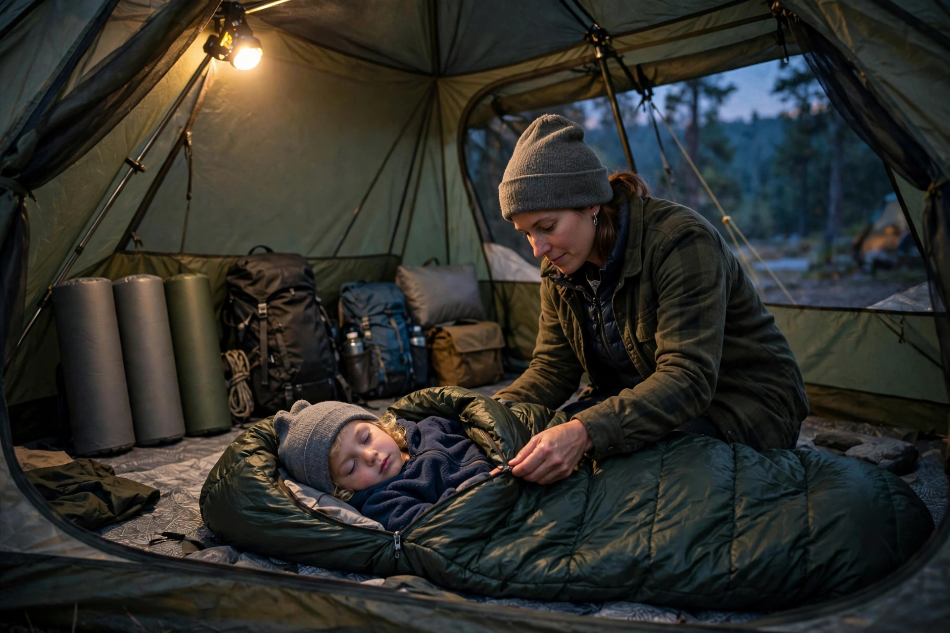 How to Get Kids to Sleep While Camping: 15 Parent-Tested Tips 10 Parent tucking a small child into a sleeping bag inside a family camping tent at dusk