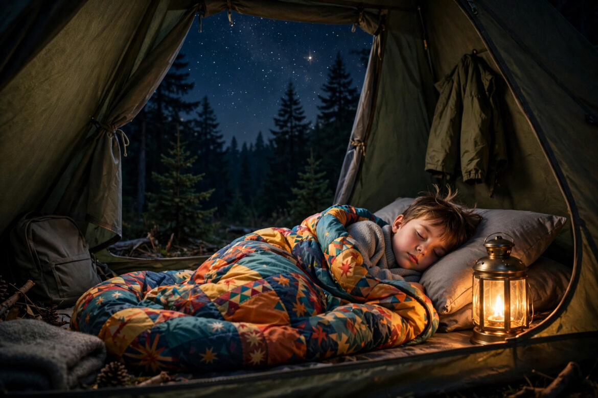 Child sleeping peacefully in a tent at night, lantern glowing beside the sleeping bag