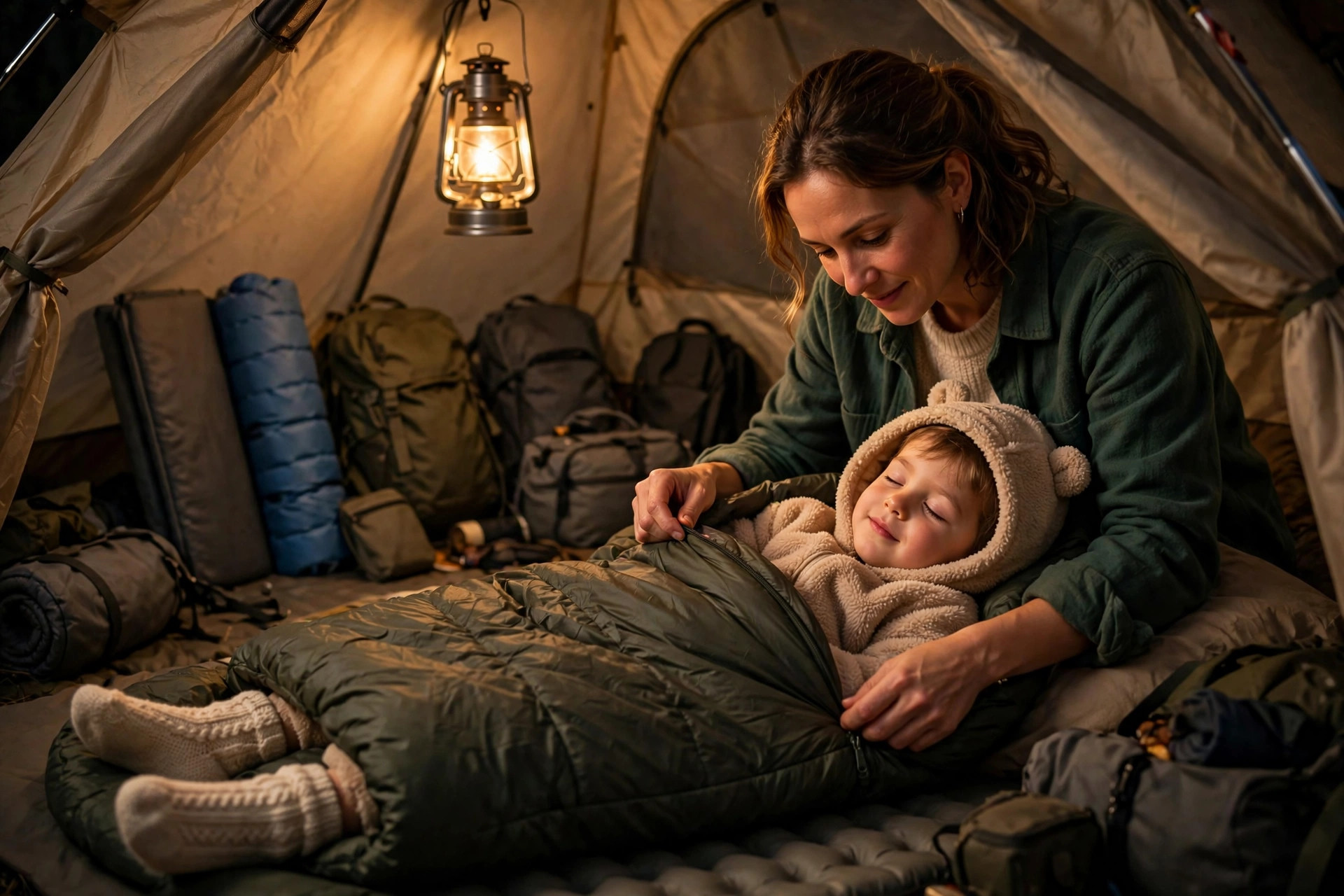 How to Keep Kids Warm While Camping: Layering System That Works 11 Parent tucking a small child into a cozy sleeping bag inside a tent at bedtime with warm lantern glow