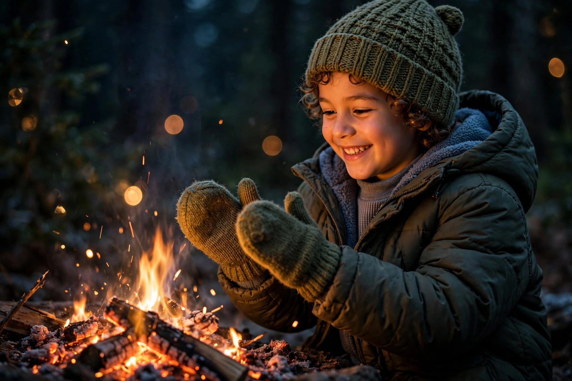 How to Keep Kids Warm While Camping: Layering System That Works 12 Young child in layered winter clothing warming hands by a campfire at night in a forest campsite