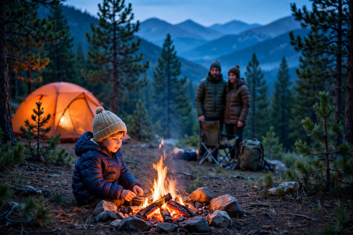 Family campsite at dusk with a child in warm layered clothing near a campfire and glowing tent in the mountains
