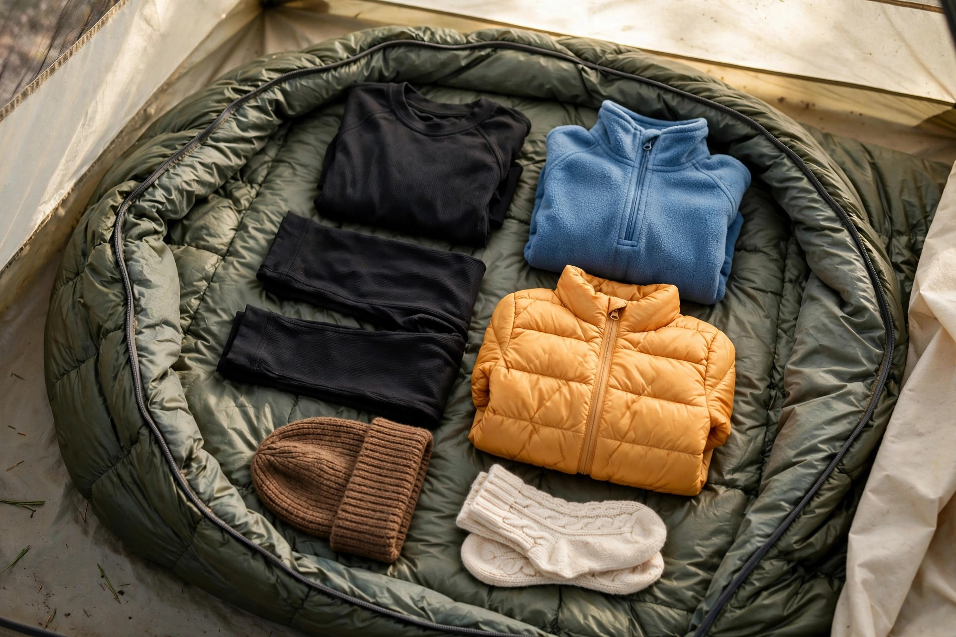 How to Keep Kids Warm While Camping: Layering System That Works 10 Children's camping clothing layers laid out on a sleeping bag: thermal base layer, fleece mid-layer, puffy jacket, warm socks and beanie