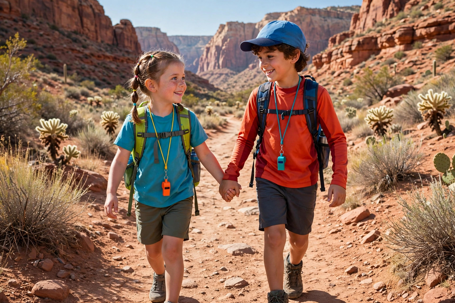 Two young children hiking together as a buddy pair with safety whistles around their necks on a desert canyon trail