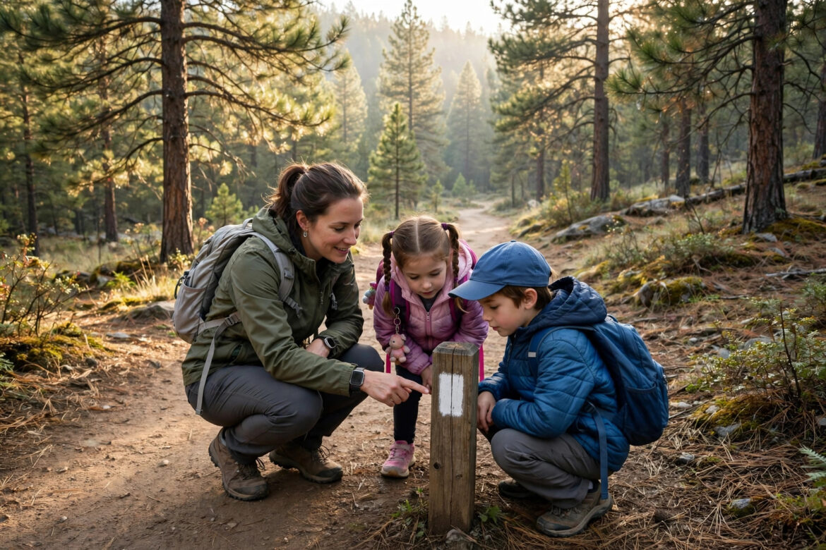 Mother teaching two children to read a trail blaze marker on a forest hiking trail