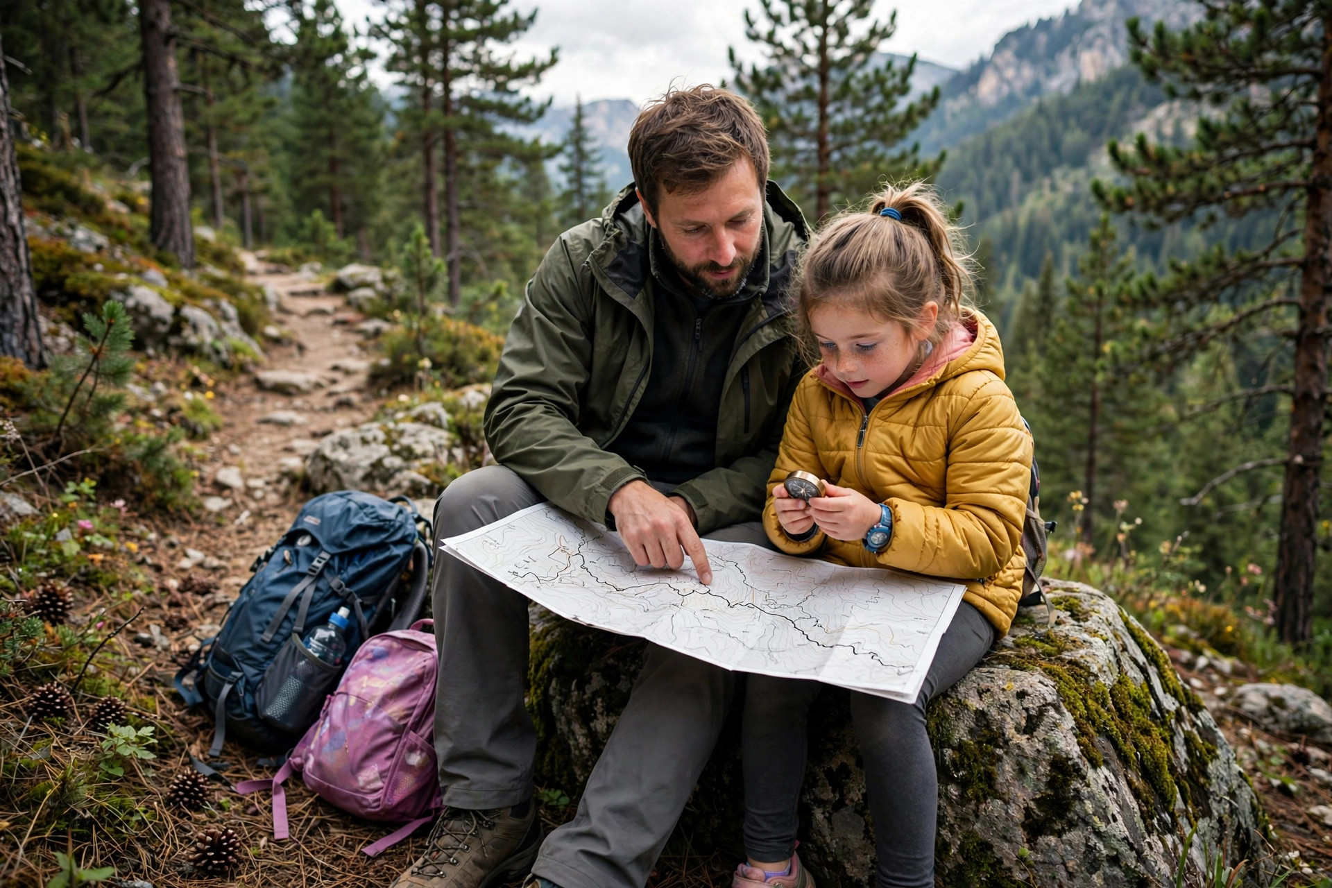 Father and daughter practicing trail map reading with a compass during a mountain family hike