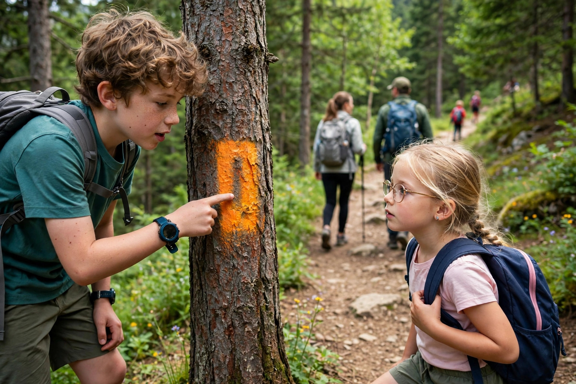 Older child pointing out a trail blaze marker on a tree to a younger sibling on a family hike
