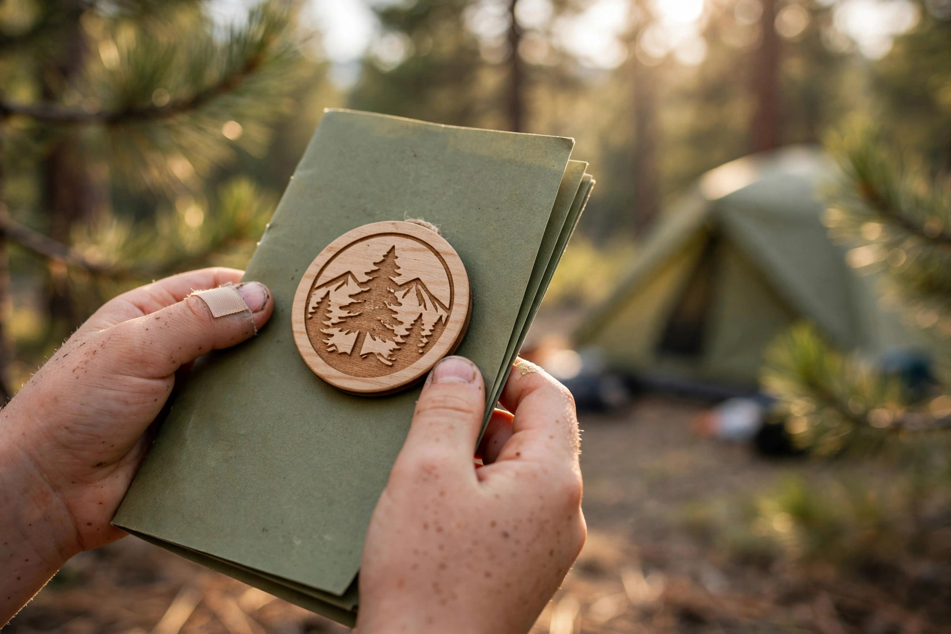 A child's hands holding a Junior Ranger activity booklet and a wooden badge at a national park