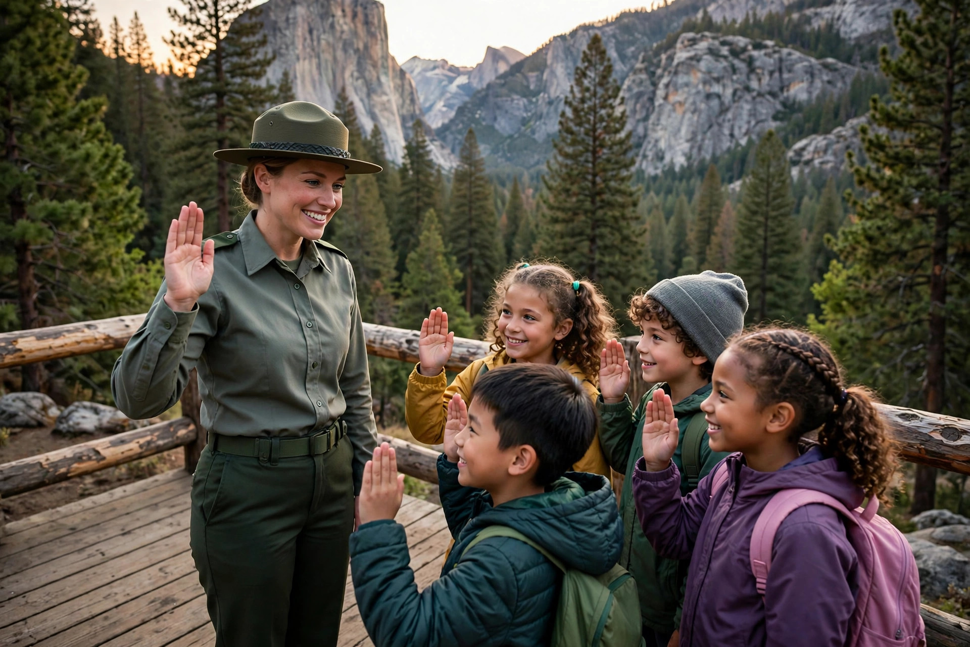 A park ranger leading children in a Junior Ranger pledge ceremony on a wooden deck at a national park