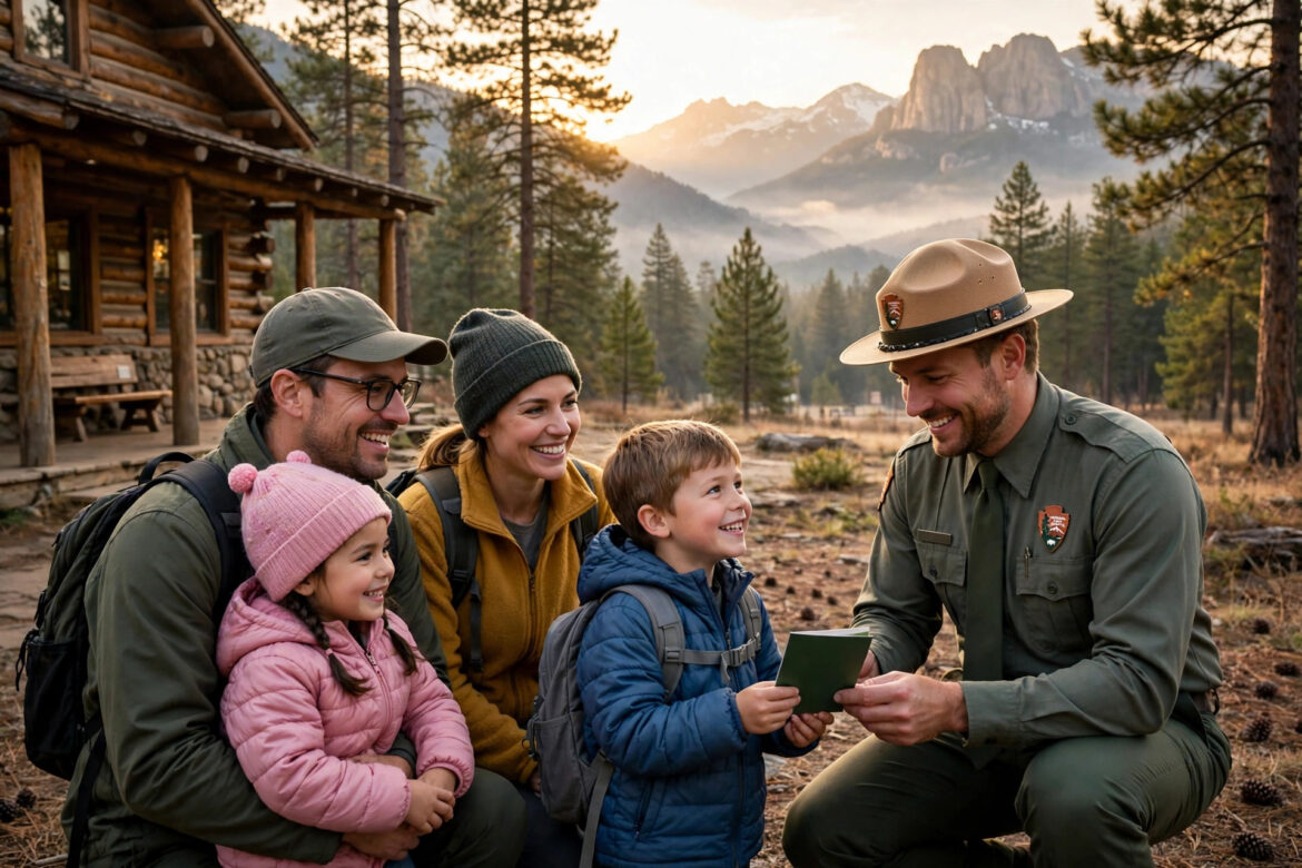 A park ranger handing a Junior Ranger booklet to a child at a national park visitor center with mountains behind them
