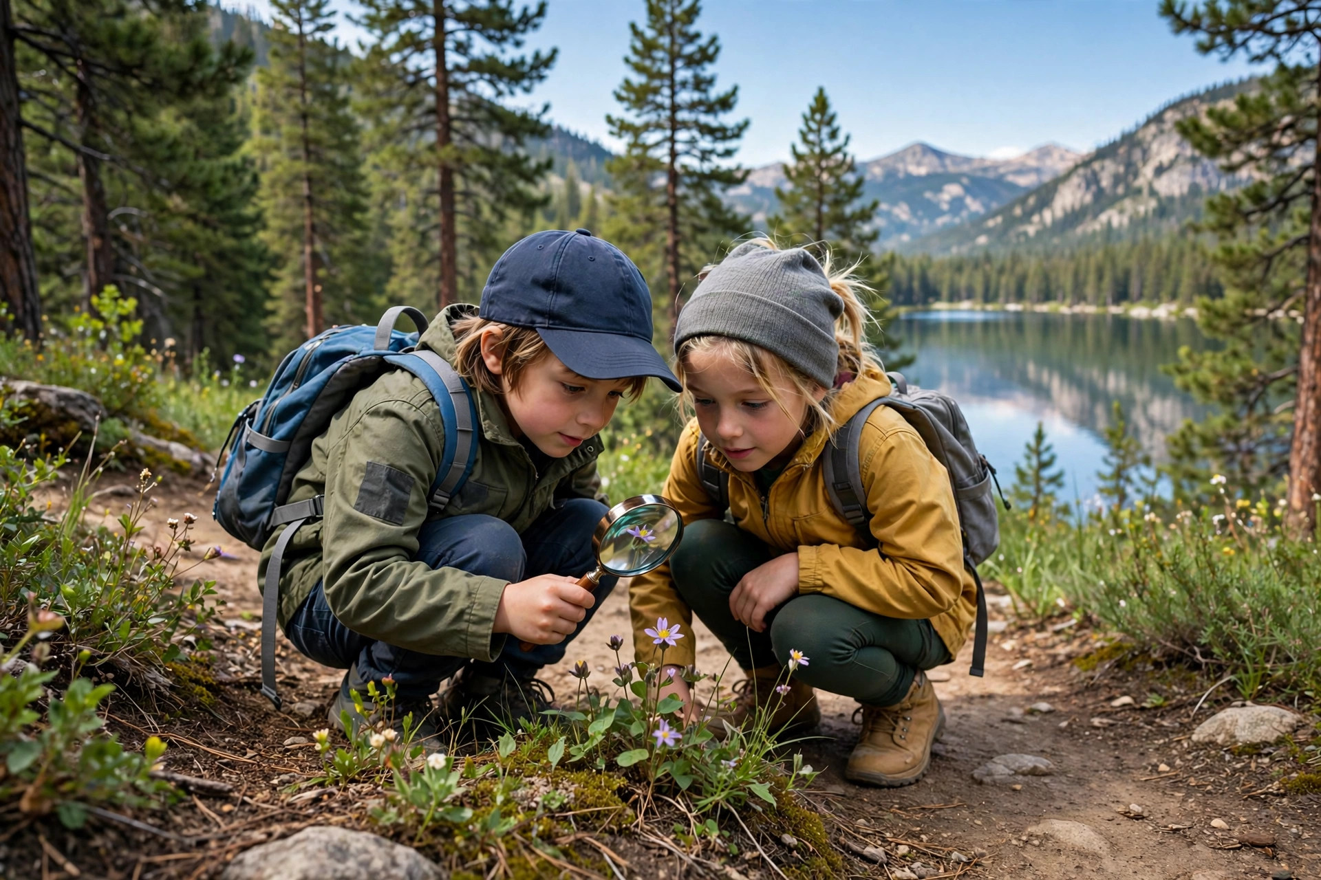 Two children with small backpacks exploring a nature trail in a national park with a magnifying glass