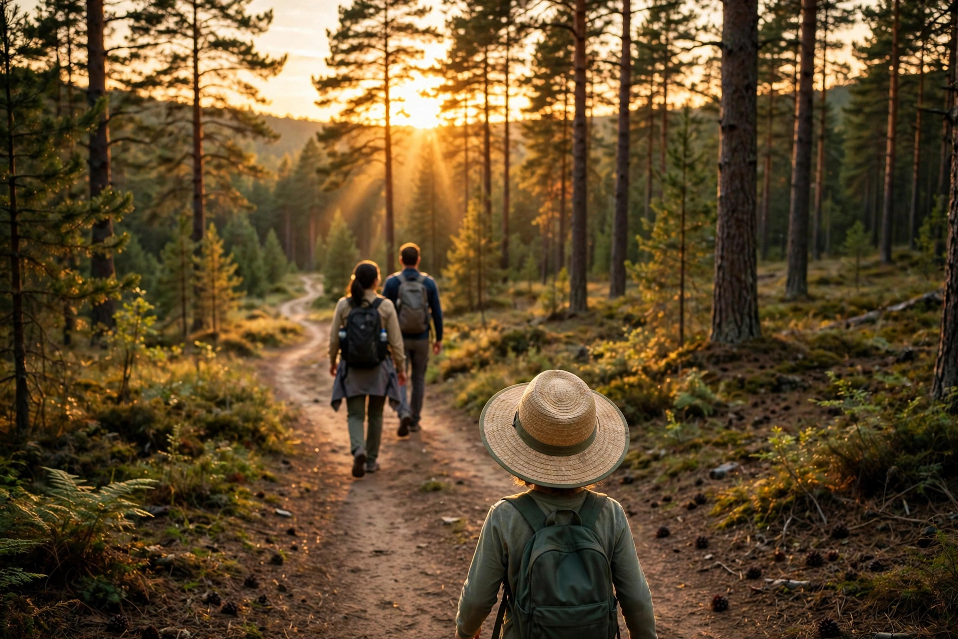 Child in a wide-brim sun hat and long sleeves hiking a forest trail at golden hour