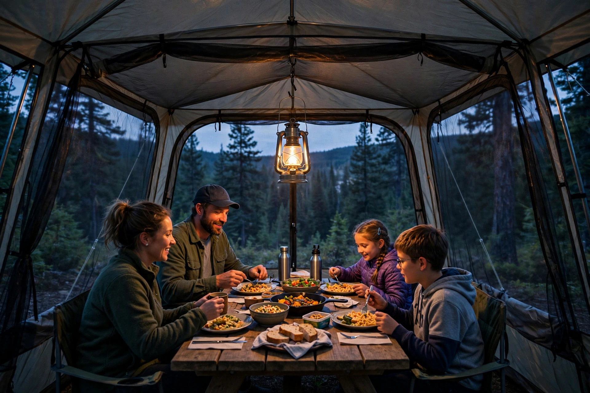 Family eating dinner inside a screened camping shelter at dusk while bugs stay outside