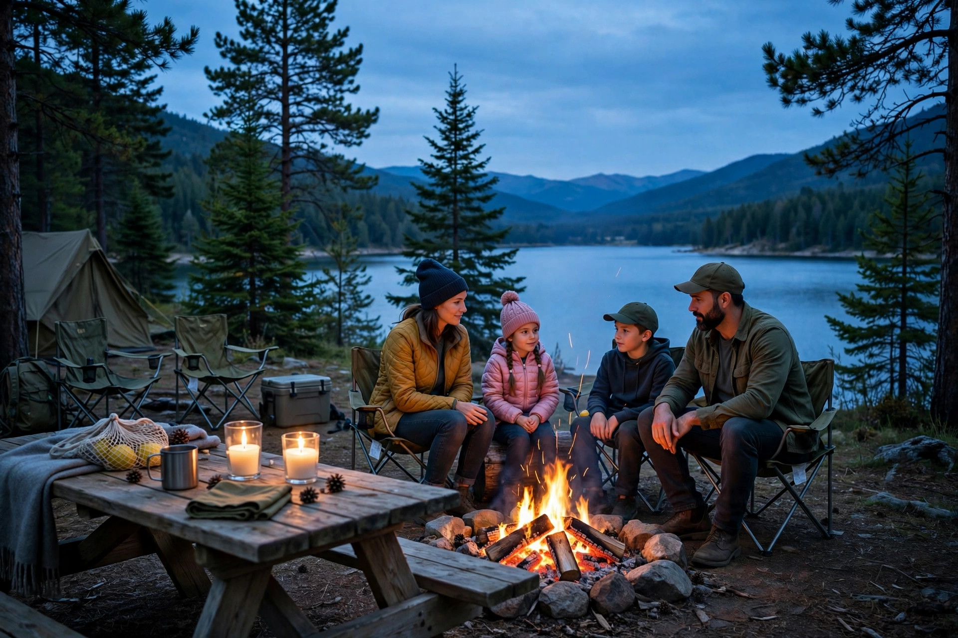 Family sitting around a campfire at a lakeside campsite at dusk