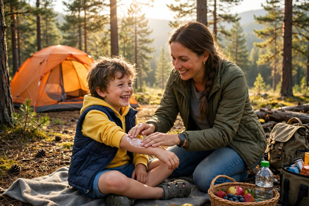 Parent applying insect repellent lotion to a child's arm at a sunny forest campsite