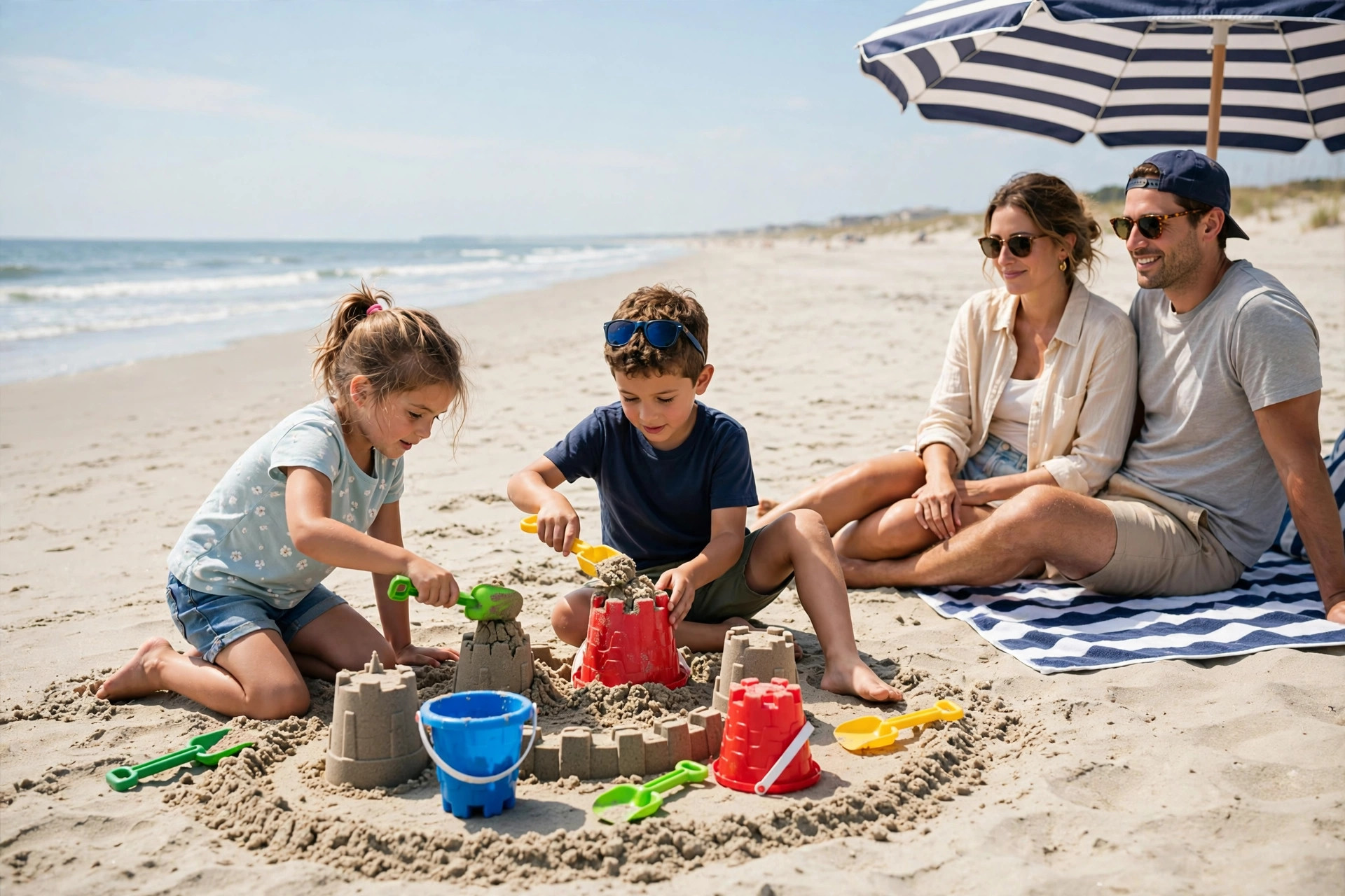 Best Family Beaches on the US East Coast (2026 Guide) 10 Family with young kids building a sandcastle on an East Coast beach