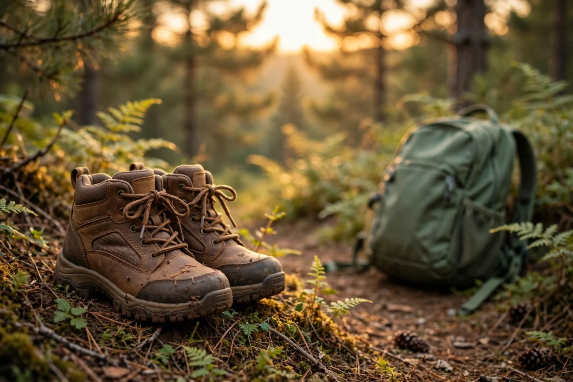 Kids' hiking boots on a forest trail at golden hour