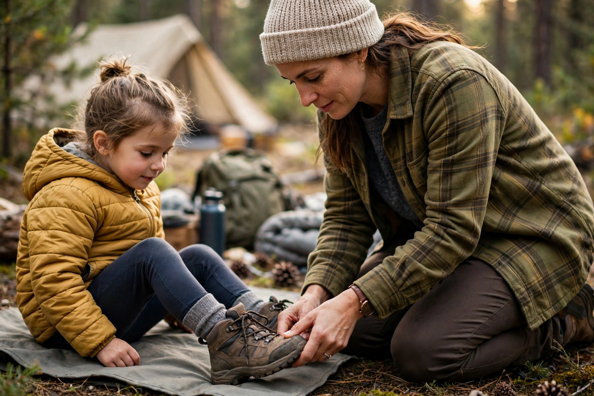 Parent checking the fit of a child's hiking boot at a campsite