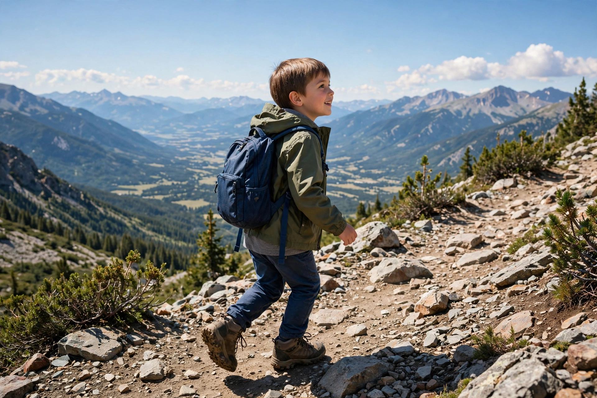 Young hiker wearing hiking boots on a rocky mountain trail