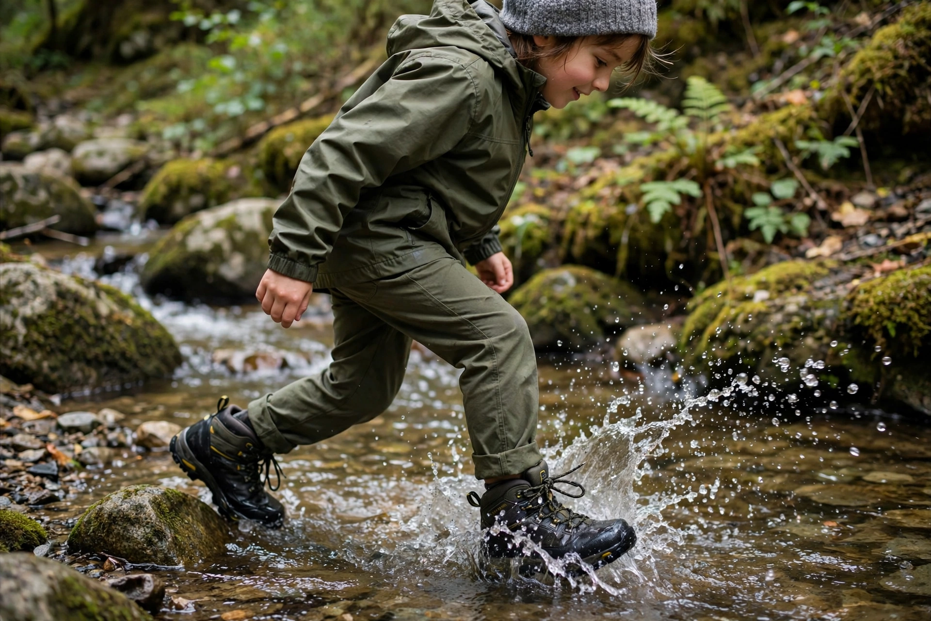 Child wearing waterproof hiking boots crossing a shallow mountain stream