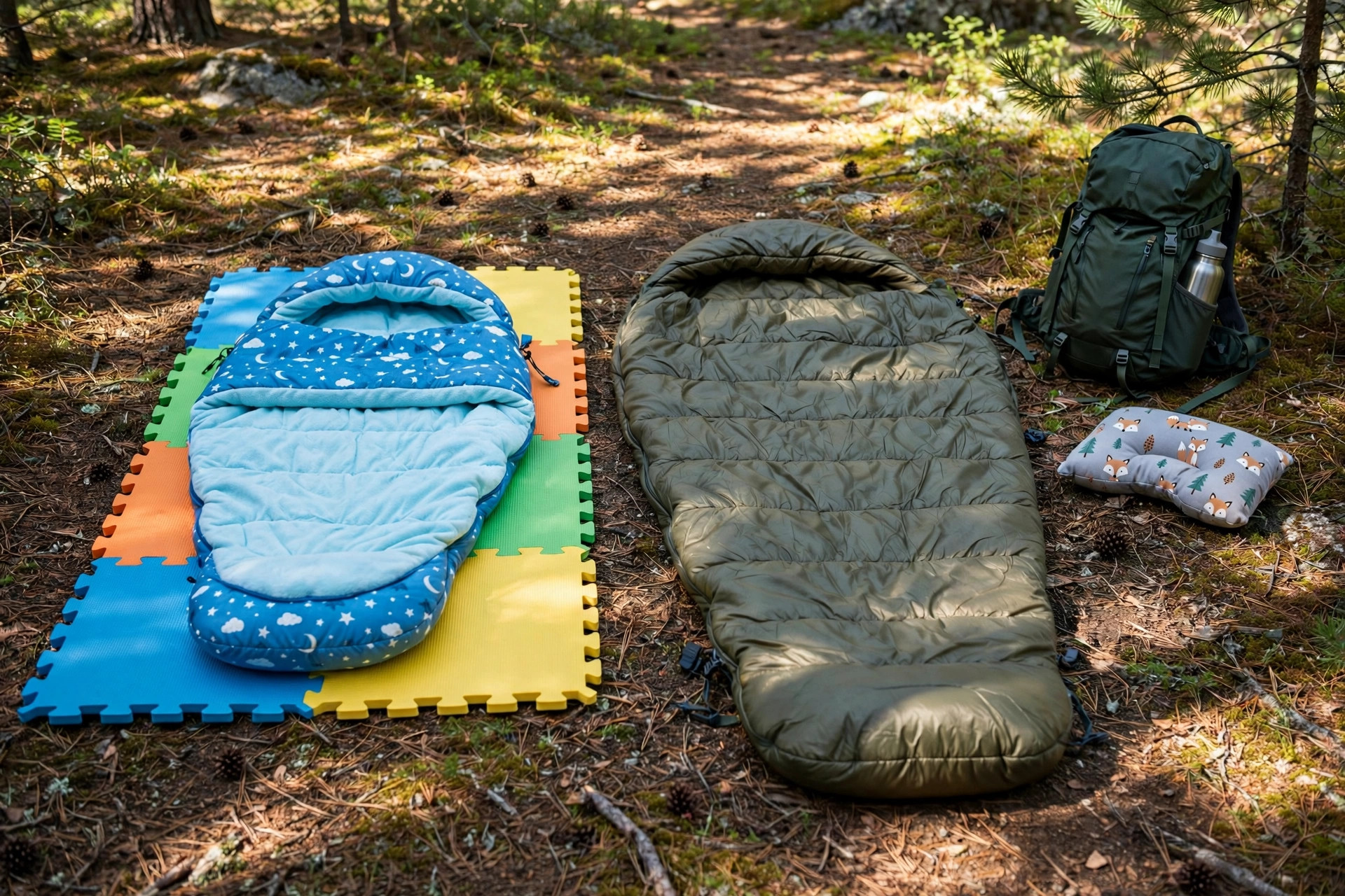 Child-sized sleeping bag unrolled on a colorful foam sleeping pad next to an adult bag for size comparison at a sunny campsite