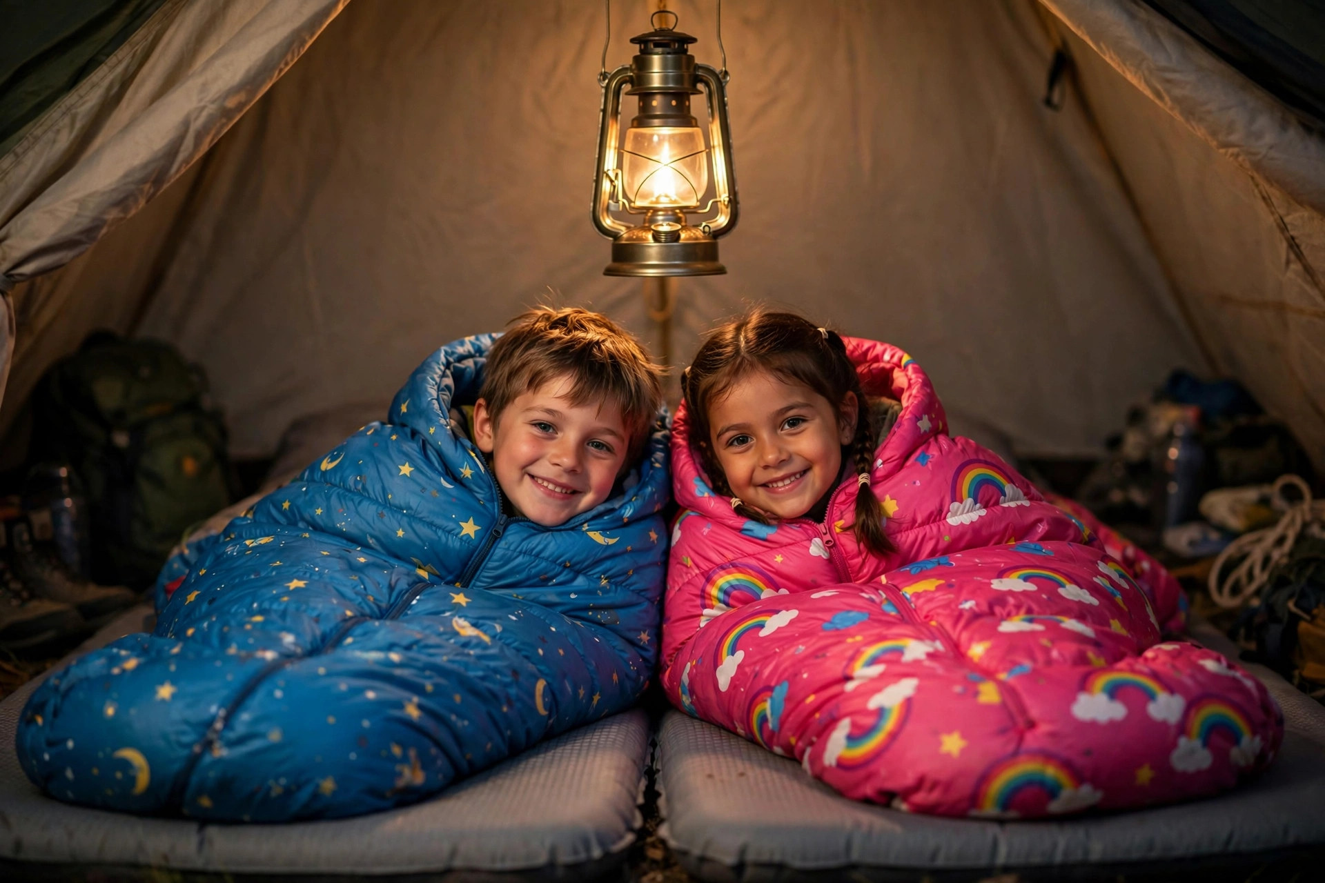 Two young children sleeping cozily inside colorful kids sleeping bags inside a warmly lit family tent at night