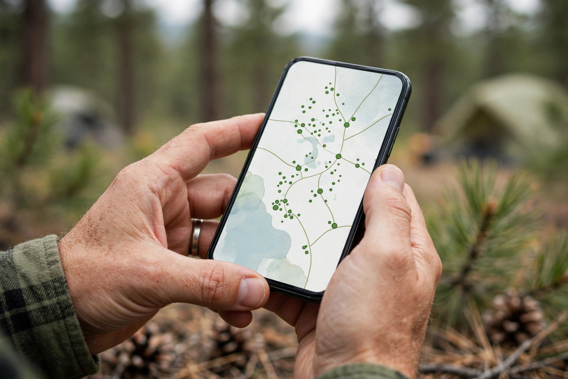 Parent checking a campground booking app on a phone outdoors