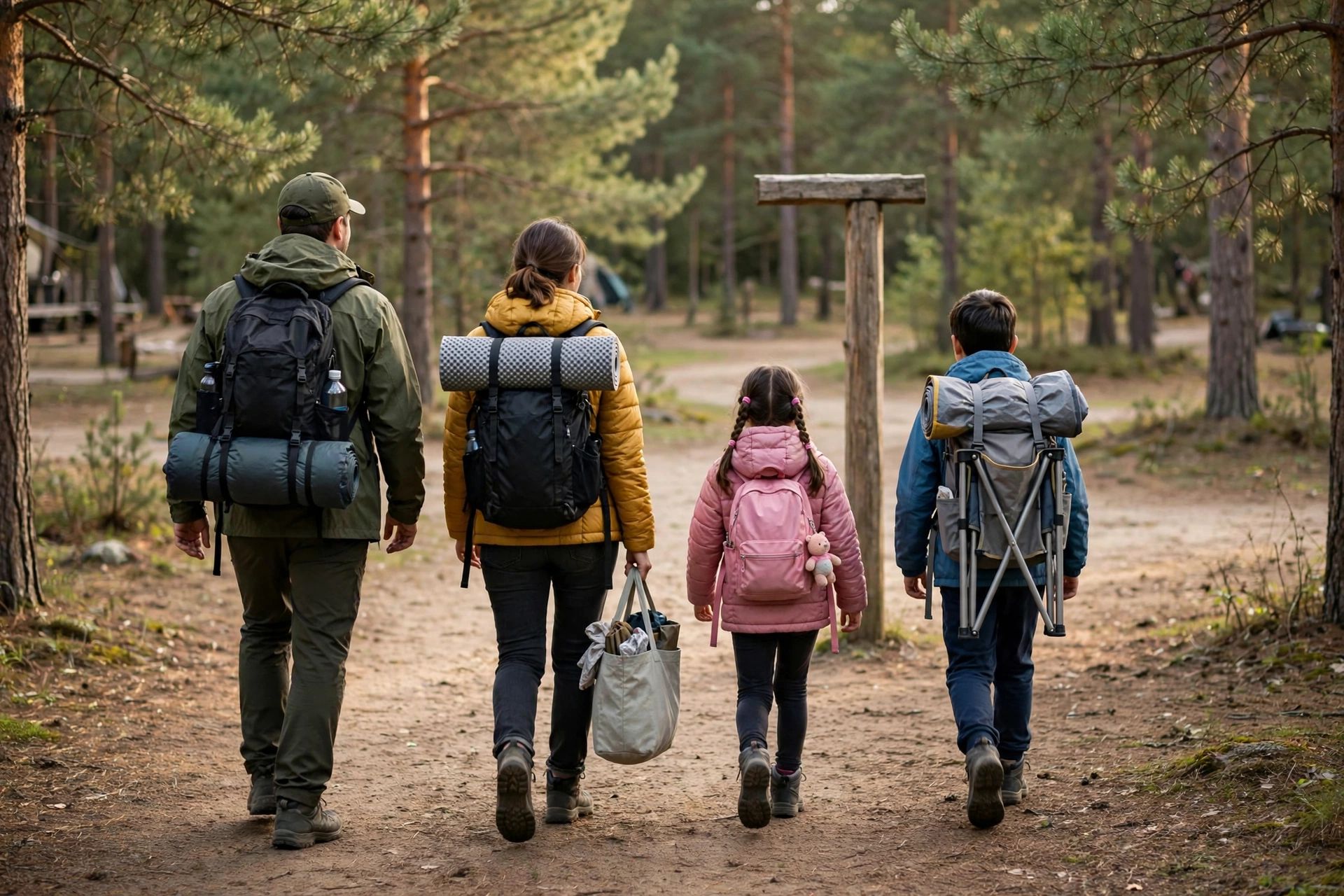 Family arriving with camping gear at a forest campsite