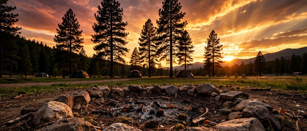 Empty tent site at a national park campground at sunset, ready for a last-minute reservation