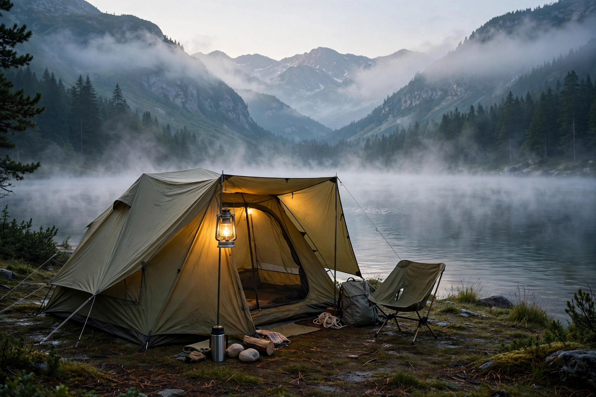 Family tent pitched at a lakeside campsite at dawn