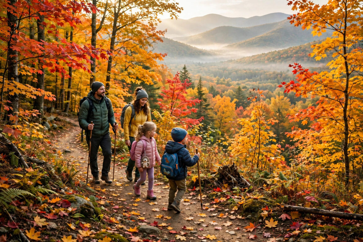 Family with children hiking a forest trail surrounded by brilliant red orange and gold autumn maple trees