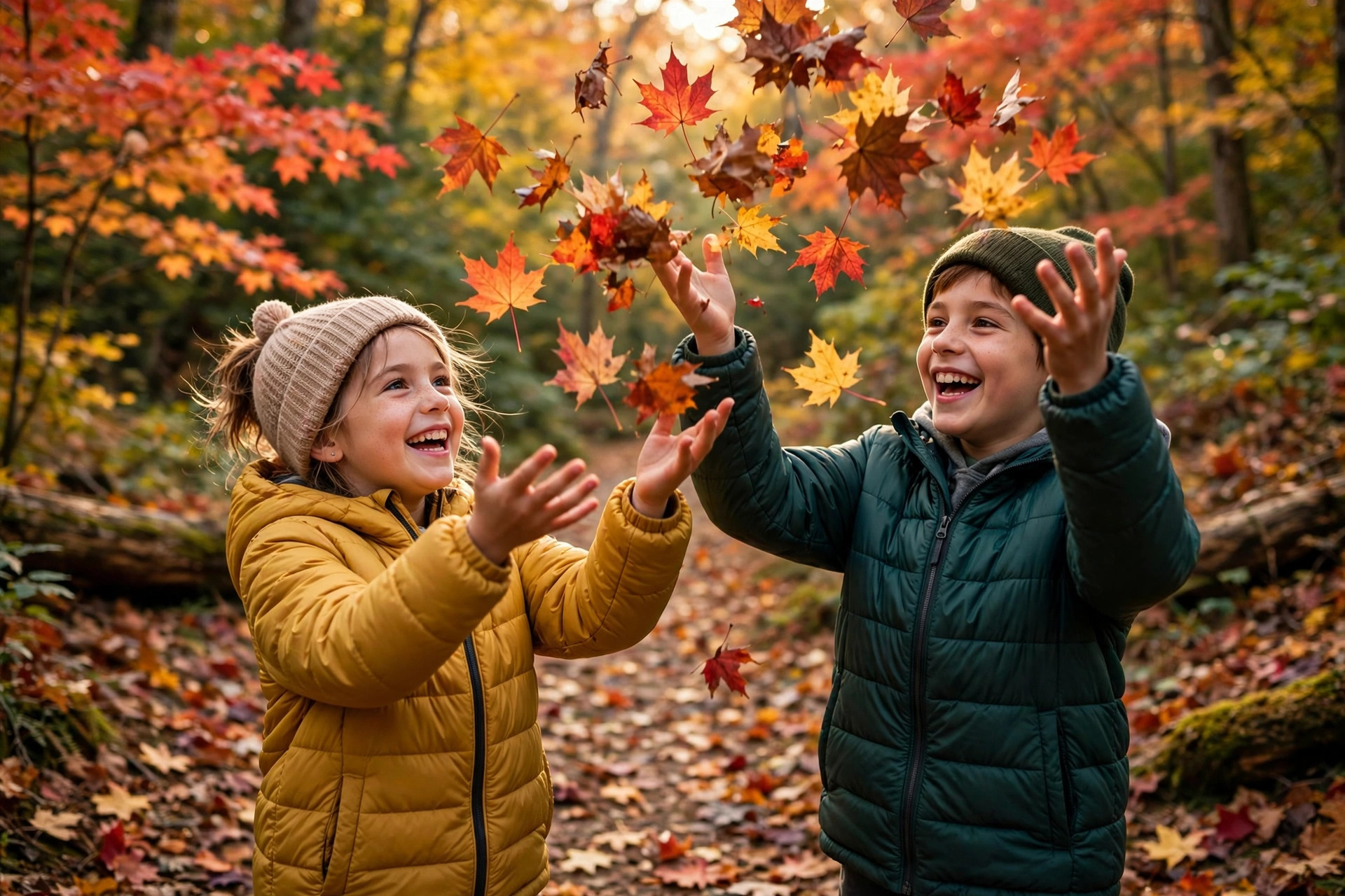 Best Leaf-Peeping Family Trips for Kids (2026 Guide) 10 Two children in warm jackets tossing colorful autumn maple leaves in the air on a forest trail