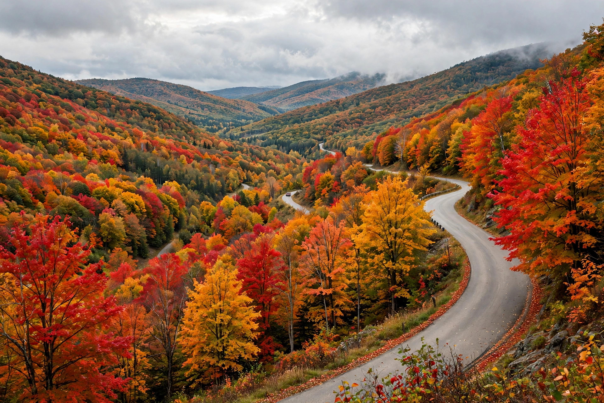 Best Leaf-Peeping Family Trips for Kids (2026 Guide) 11 Scenic mountain road winding through a valley covered in bright red orange and yellow autumn trees